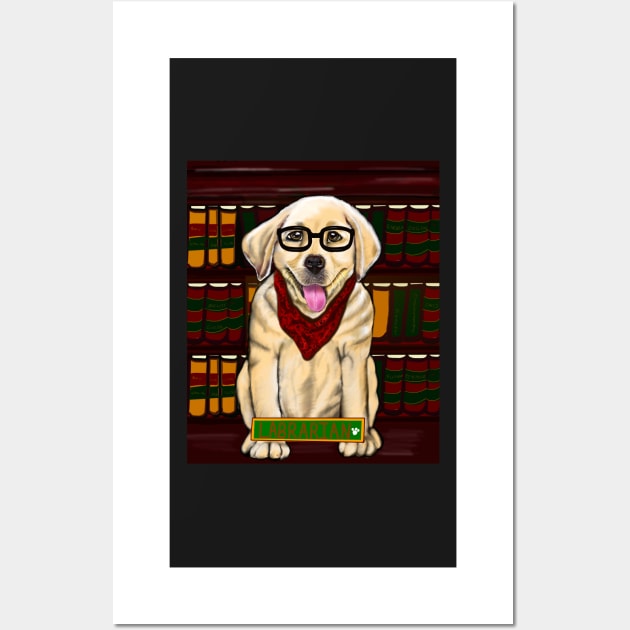 Golden Labrador “Labrarian” in library wearing glasses and red scarf cute Golden Labrador retriever puppy dog Librarian Wall Art by Artonmytee